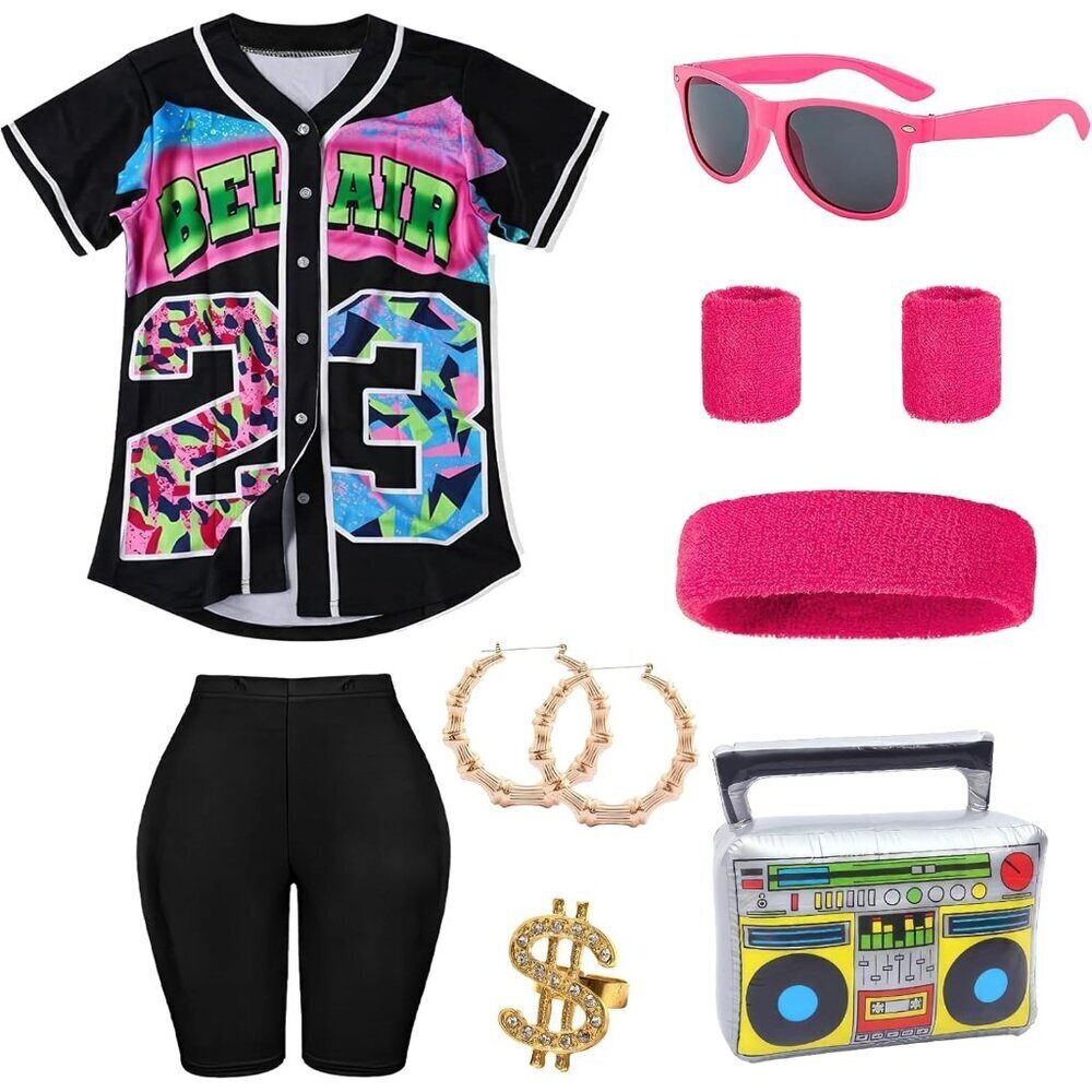 80s 90s Hip Hop Costume Set Women Baseball Jersey T Shirt Yoga Pants Accessories